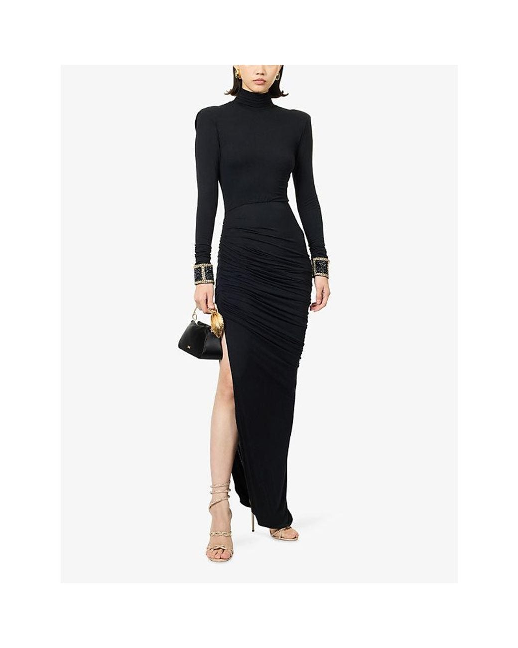 GRACE FAENA Blue Cowl-Back Bead-Cuffs Jersey Maxi Dress