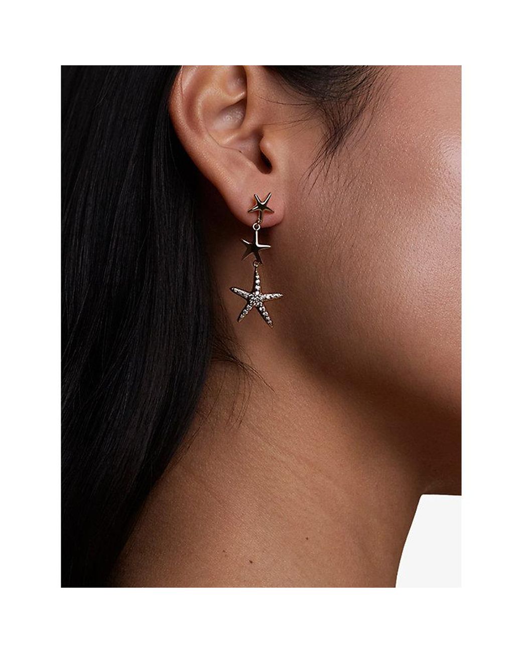 Astrid & Miyu Metallic Starfish 18Ct-Plated Brass And Cubic Zirconia Drop Stud Earrings