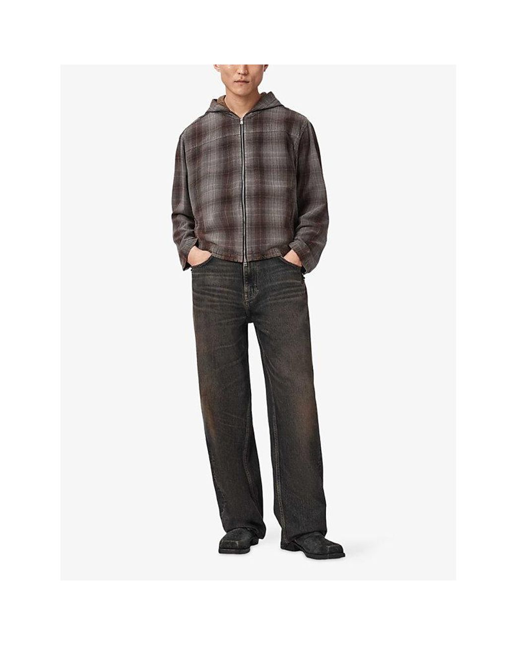 AllSaints Brown Santo Hooded Checked Cotton Shirt for men