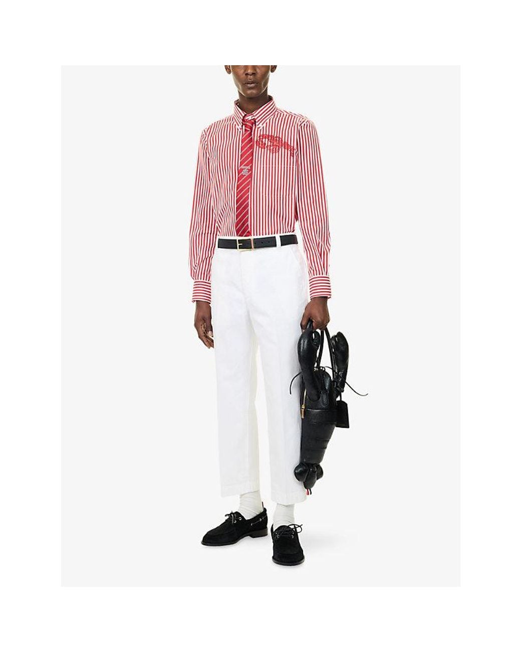 Thom Browne Pink Lobster-Embroidered Striped Cotton Shirt for men