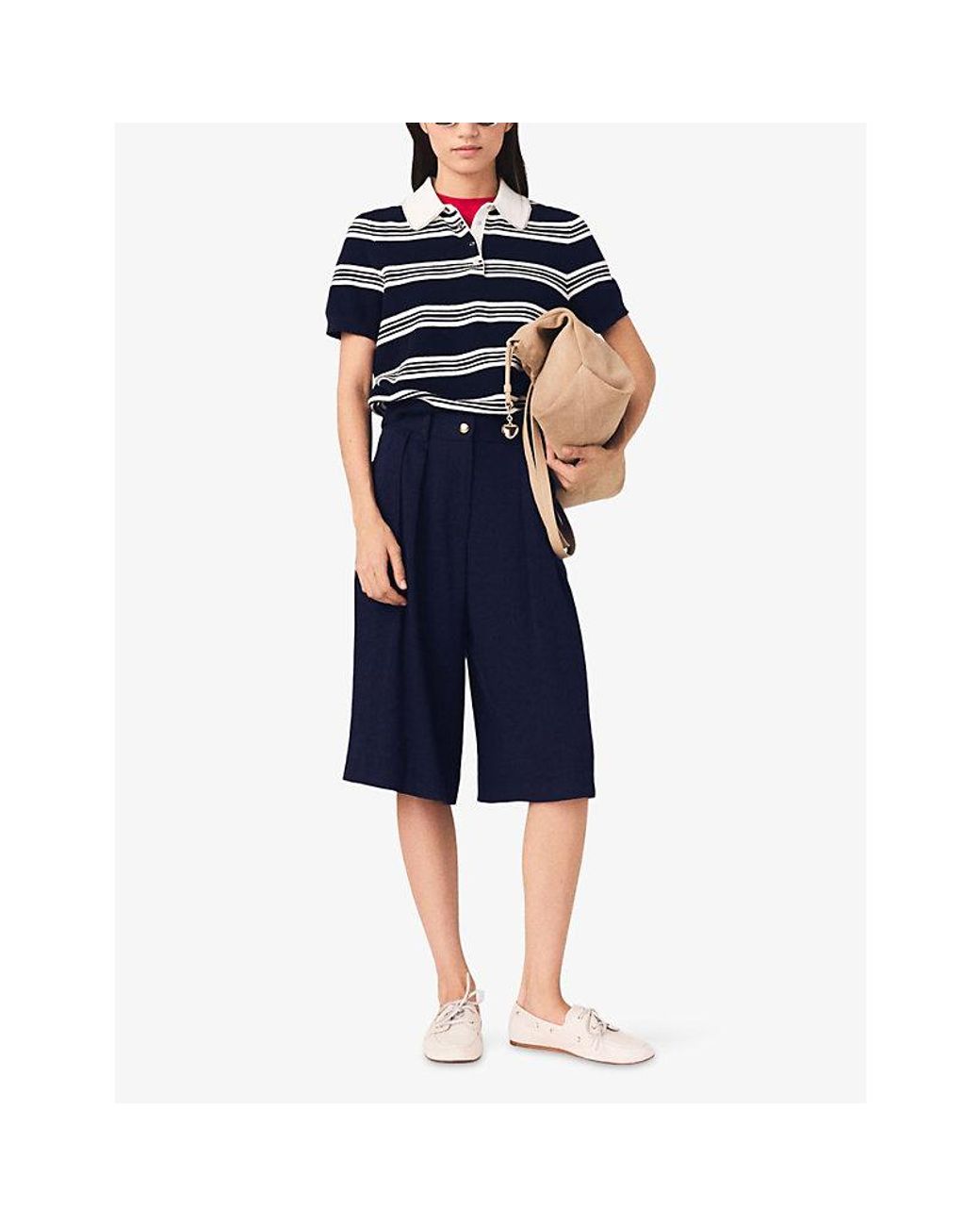 Maje Blue Striped Rhinestone-Trim Knitted Polo Shirt