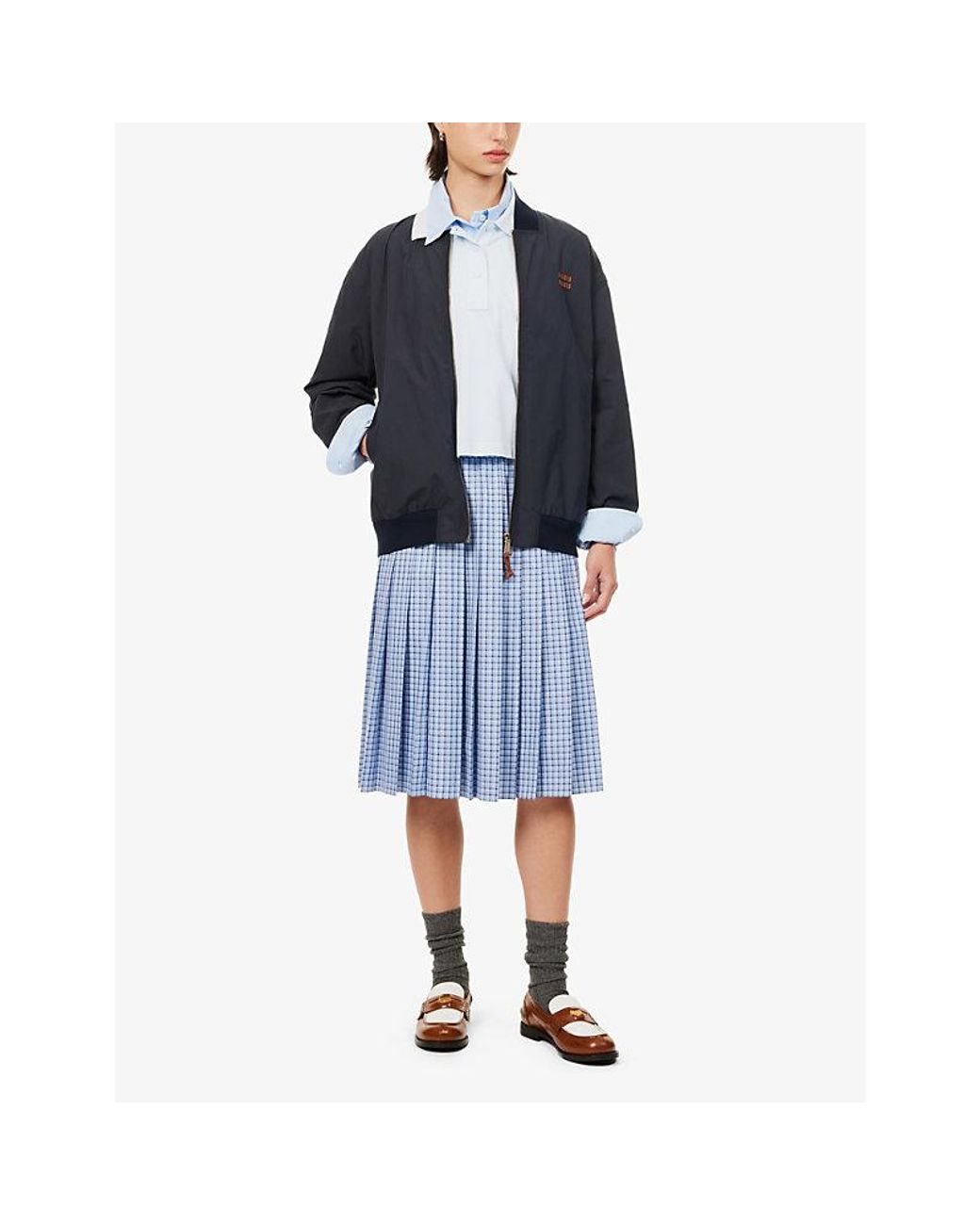 Miu Miu Miu Pleated Check-print Cotton-poplin Midi Skirt in