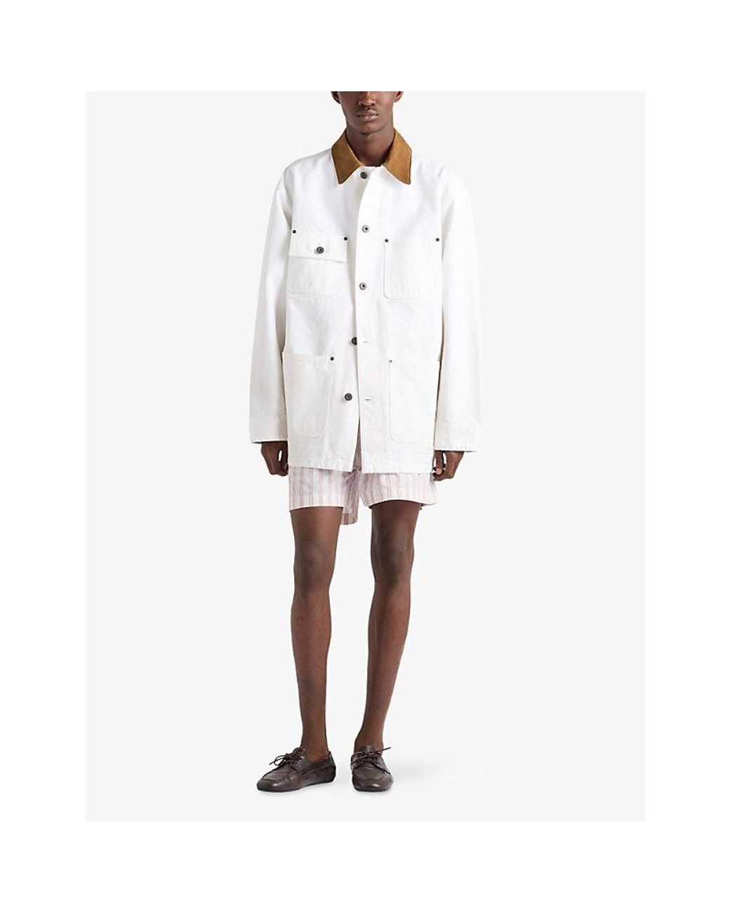 Prada White Leather-Collar Boxy-Fit Cotton-Canvas Jacket for men