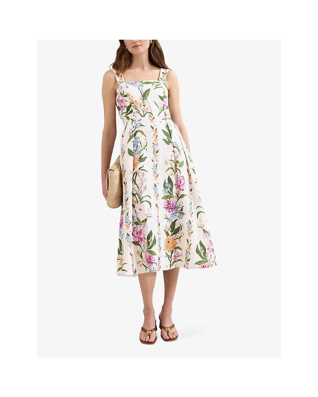 Phase Eight White Lucia Floral-Print Linen-Blend Midi Dress