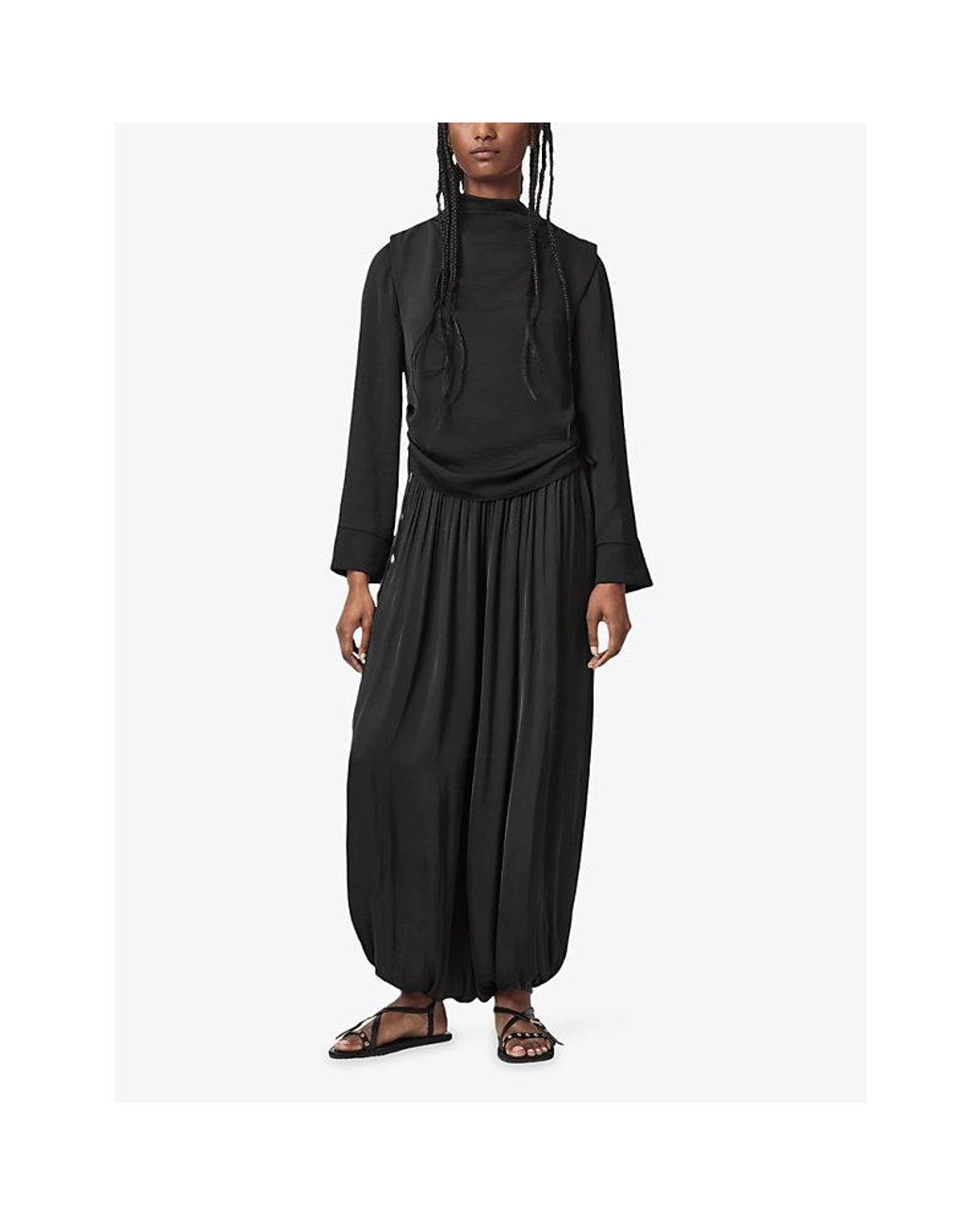 AllSaints Black Leslie Draped Long-Sleeve Woven Top