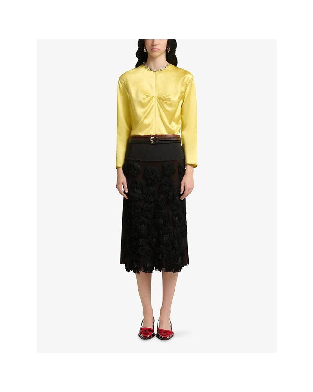 Marni Black Fringed Camouflage-Pattern Mid-Waist Georgette Midi Skirt