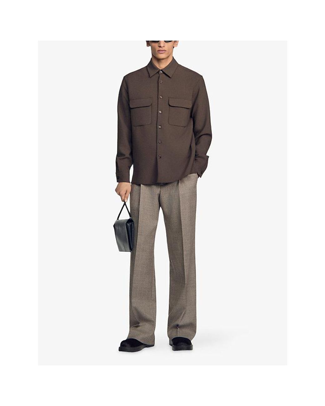 Sandro Brown Long-Sleeved Chest-Pocket Woven Shirt for men