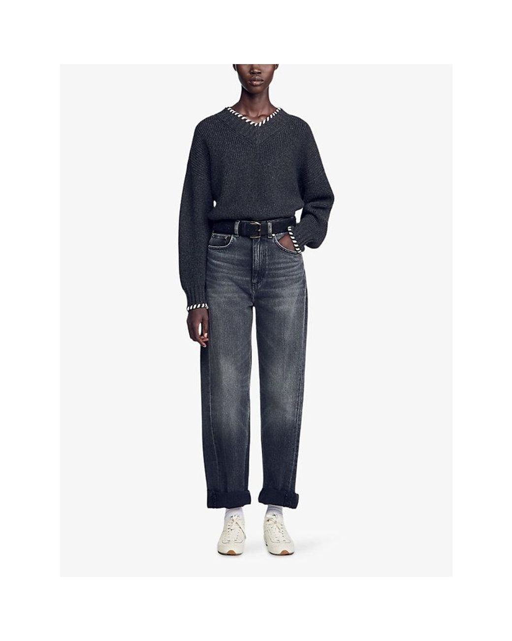 Sandro Black Braided V-Neck Wool-Blend Jumper