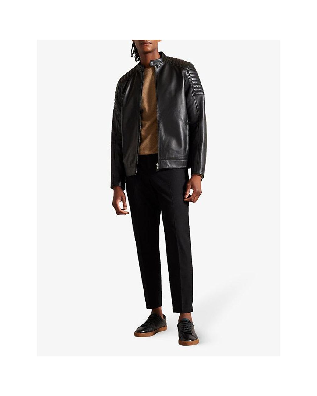Ted Baker Branddo Padded shoulder Leather Racer Jacket in Black
