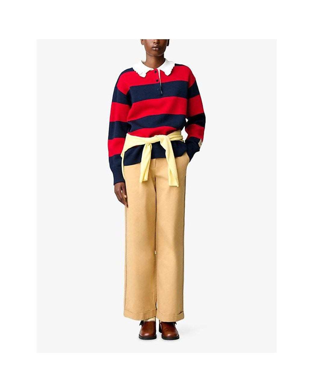 Claudie Pierlot Red Ruffled-Collar Striped Knitted Rugby Jumper