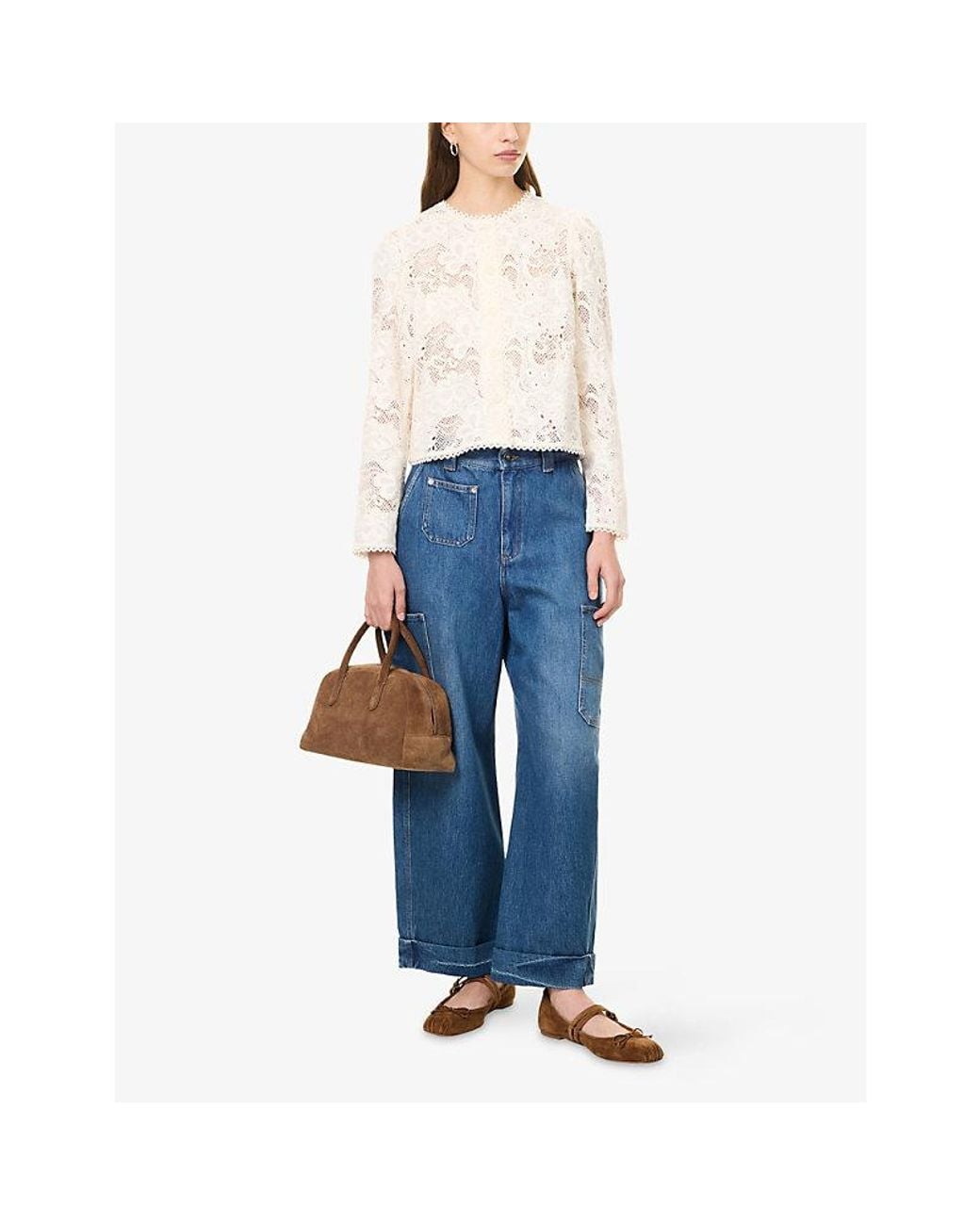 ME+EM White Collarless Cotton-Lace Jacket