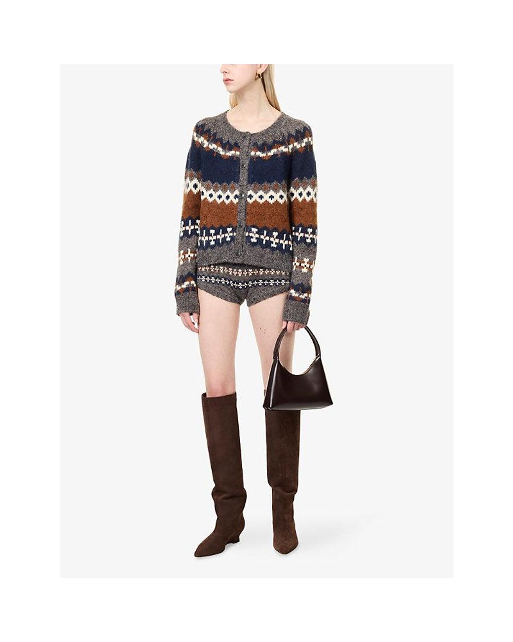GOOD AMERICAN Blue The Classic Fair-Isle Woven Knit Cardigan