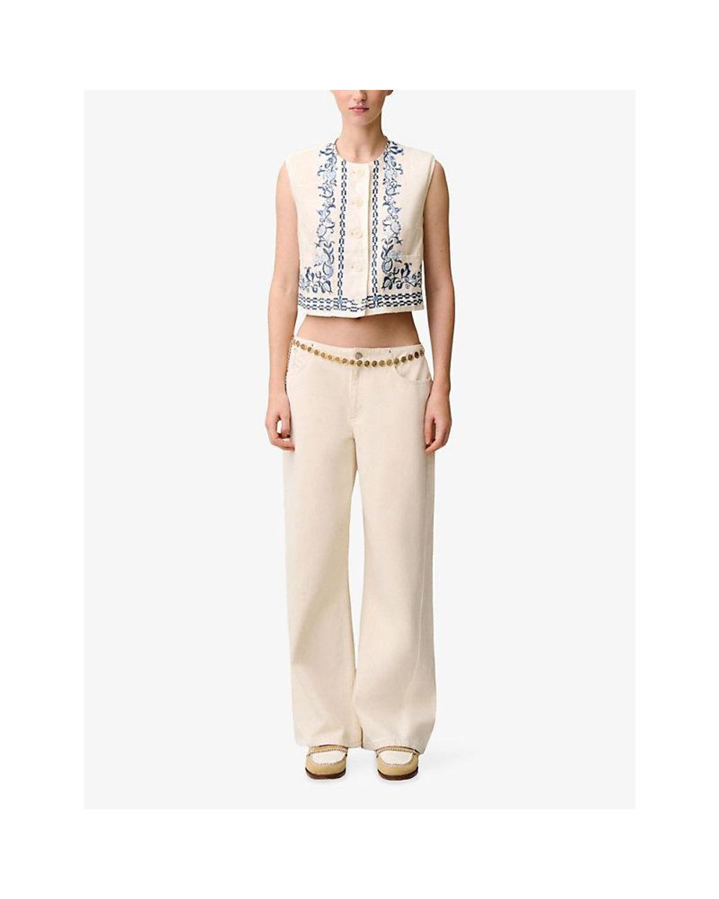 Claudie Pierlot White Floral-Pattern Sleeveless Linen Short Jacket
