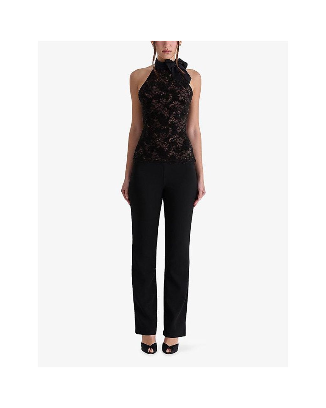 House Of Cb Black Natalya Detachable-Bow Stretch-Lace Top
