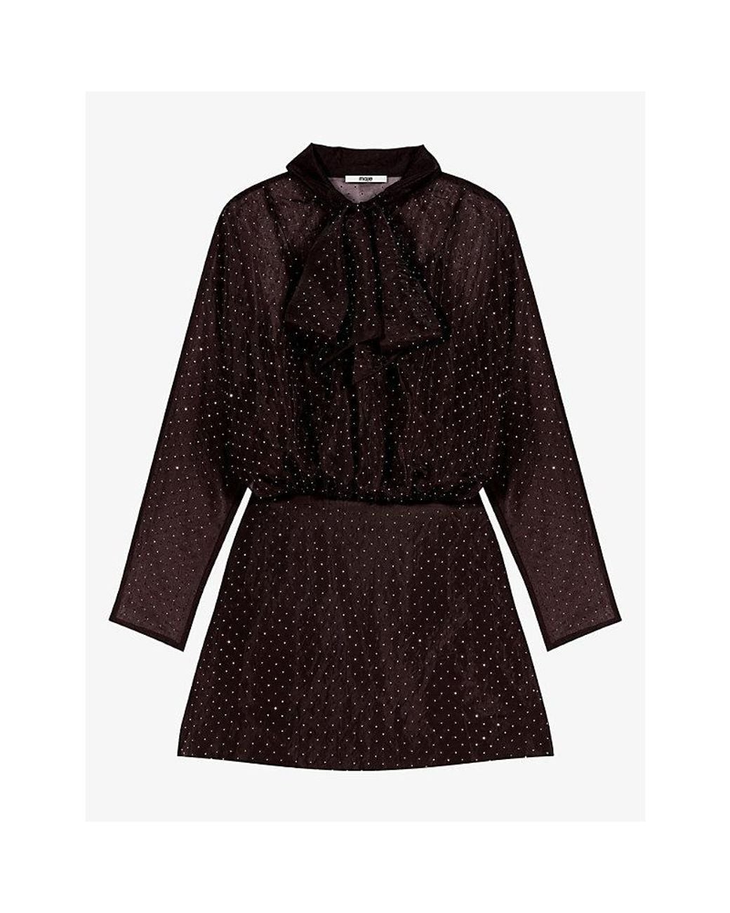 Maje Black Rhinestone Tie-Neck Woven Mini Dress