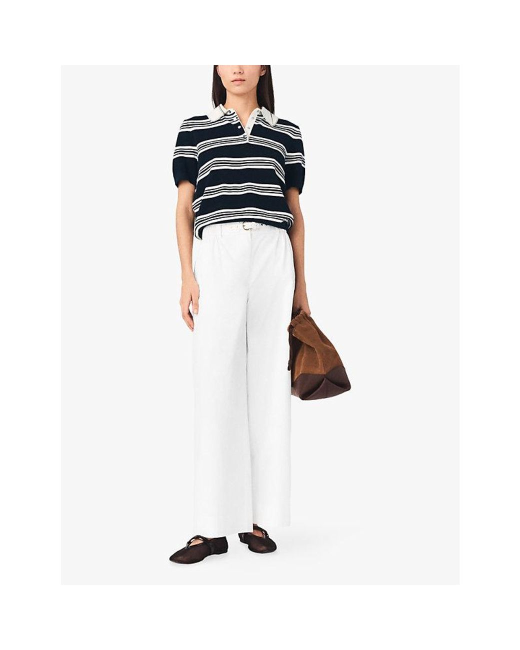 Maje White Paperbag-Waist Wide-Leg Cotton Trousers