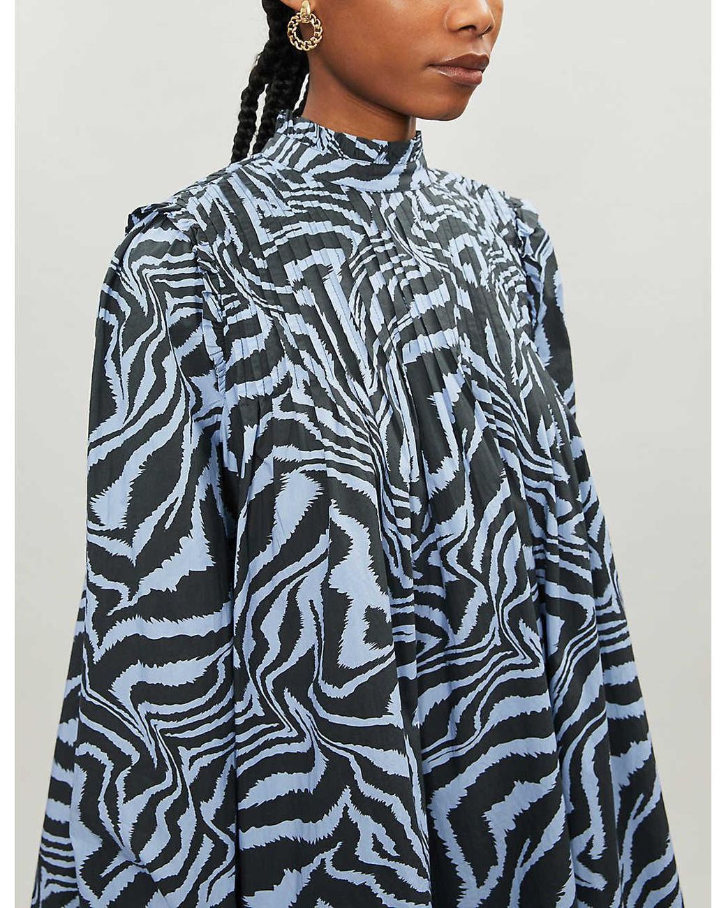 Ganni Tiger print High neck Cotton Mini Dress in Blue Lyst Canada