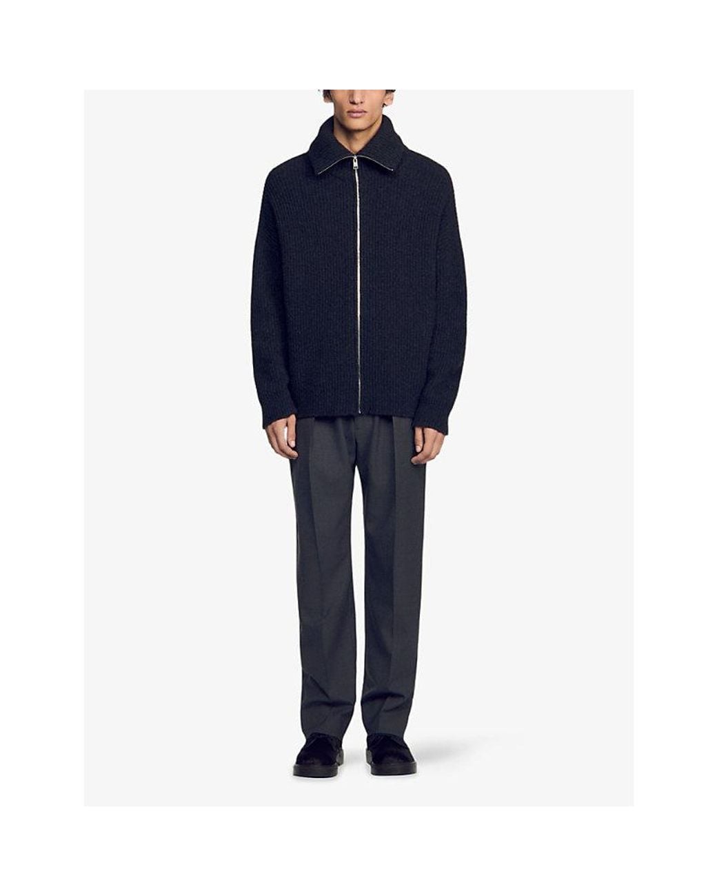 Sandro Blue Textured Zip-Up Wool-Blend Cardigan for men