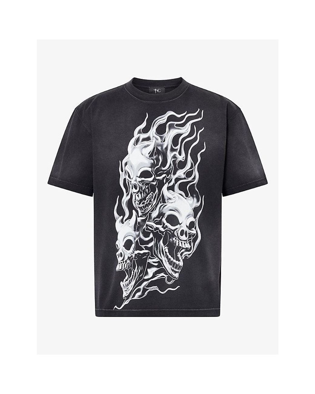 THUG CLUB Black Three Riding Skull Cotton T-Shirt for men
