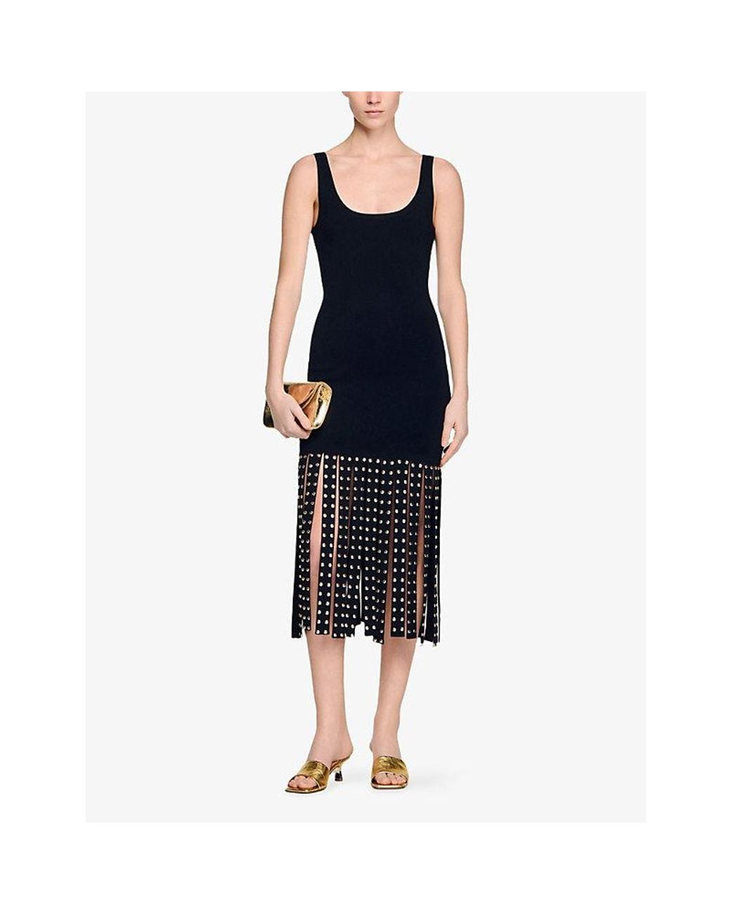 Sandro Black Sleeveless Fringed Knitted Maxi Dress