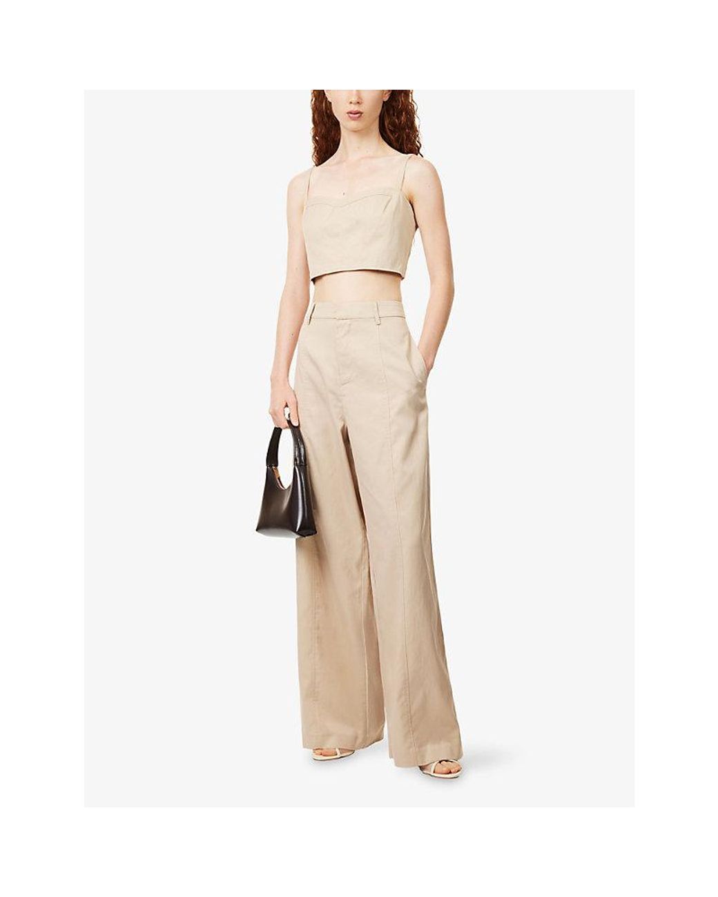 GOOD AMERICAN Natural Pleated Wide-Leg High-Rise Cotton-Blend Trousers