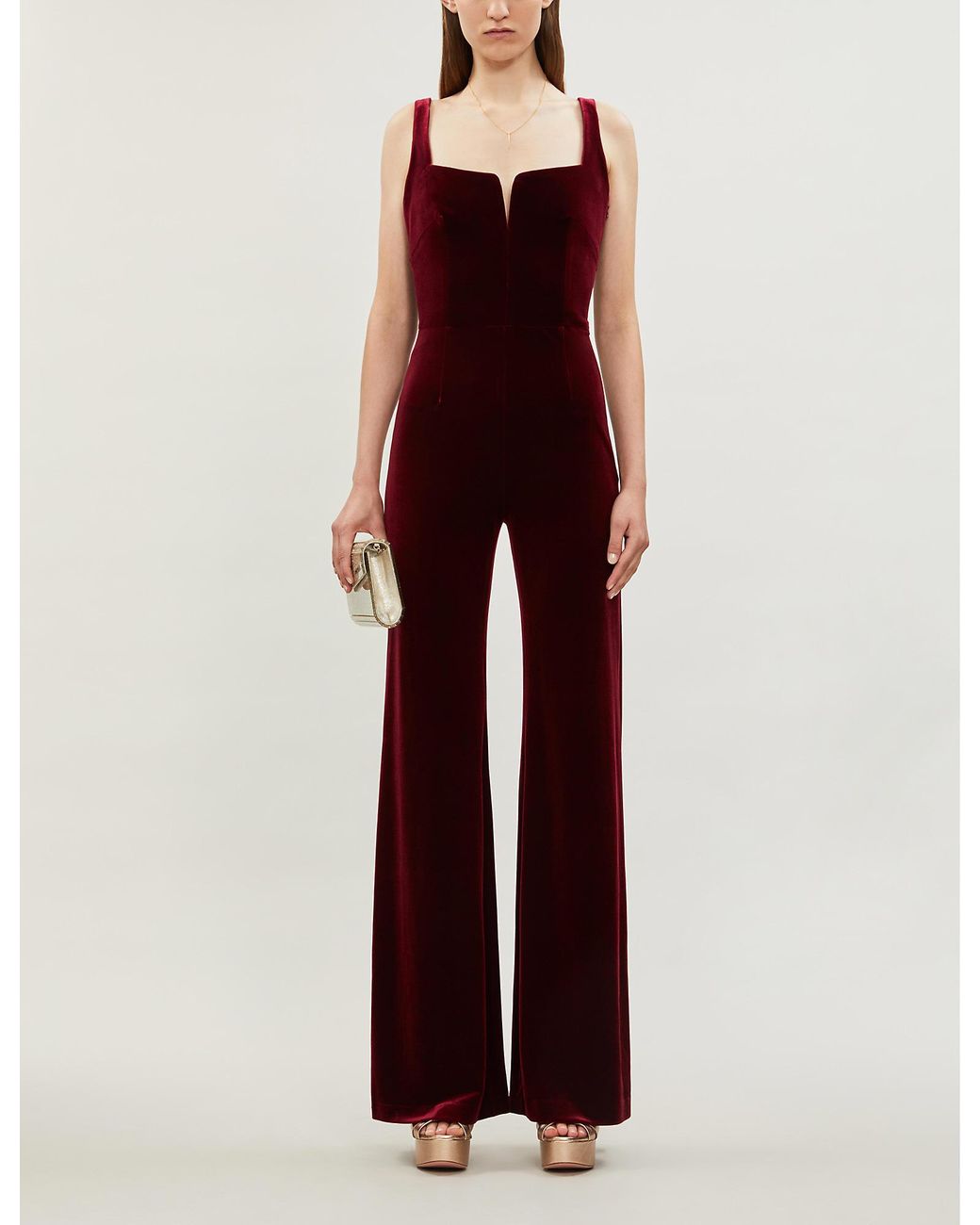 Galvan London Eclipse Wide-leg Stretch-velvet Jumpsuit in Red | Lyst  Australia