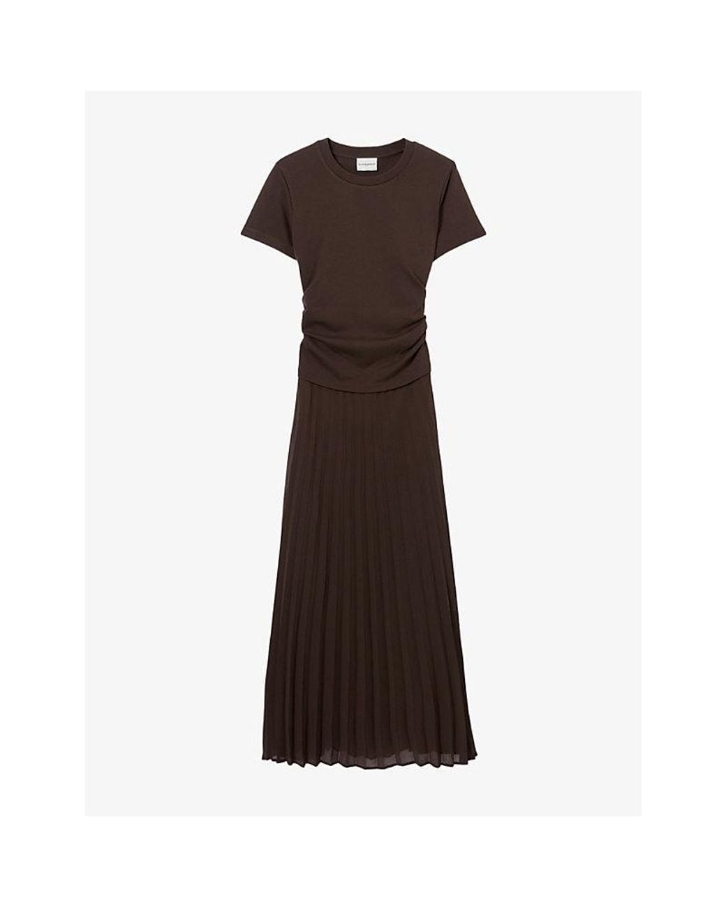 Claudie Pierlot Brown Pleated Semi-Sheer Jersey Midi Dress