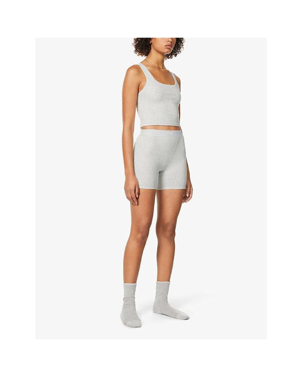 Skims White Light Heather Ribbed High-Rise Stretch-Cotton Boxer Shorts