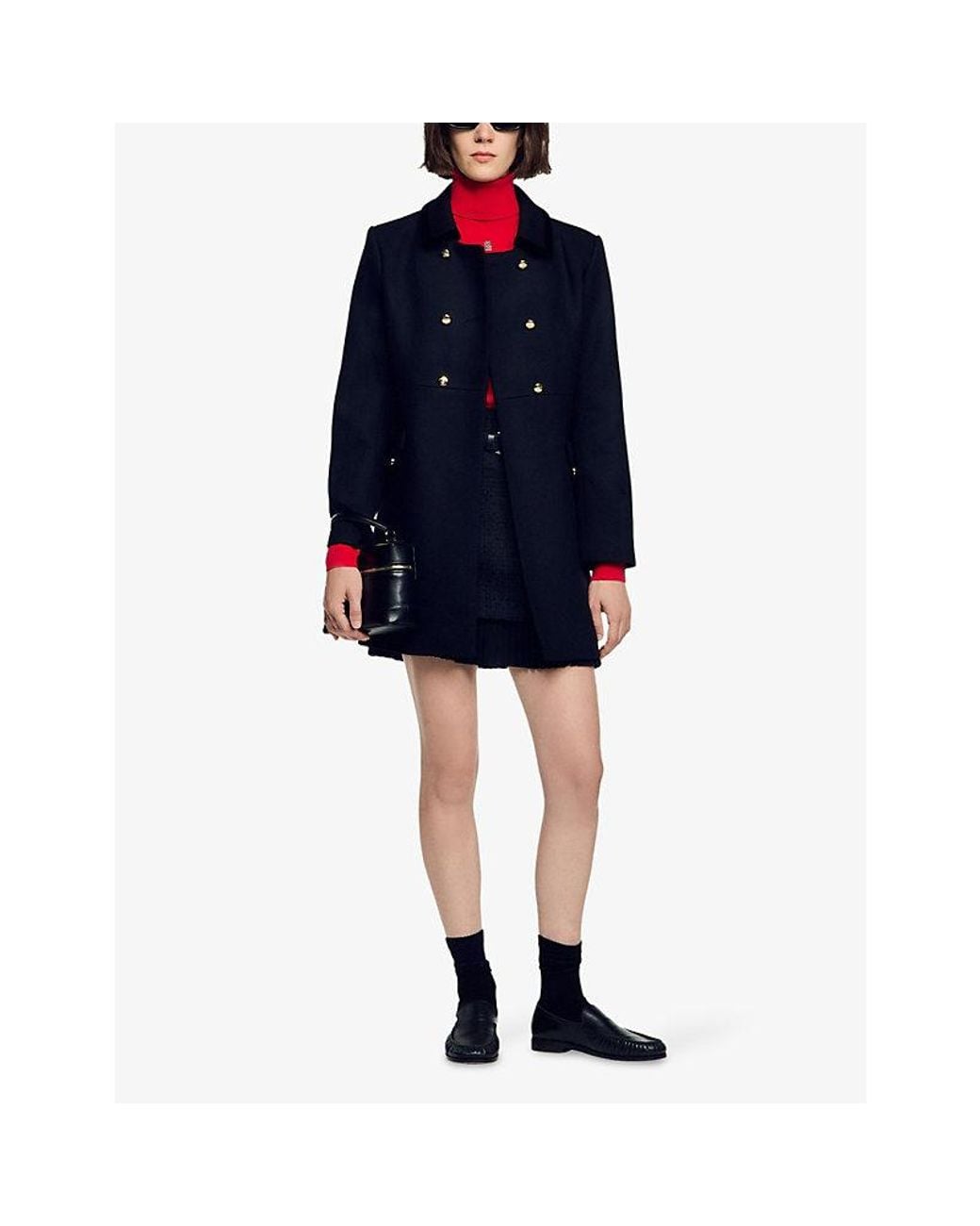 Sandro Black Velvet-Collar Double-Breasted Wool-Blend Coat
