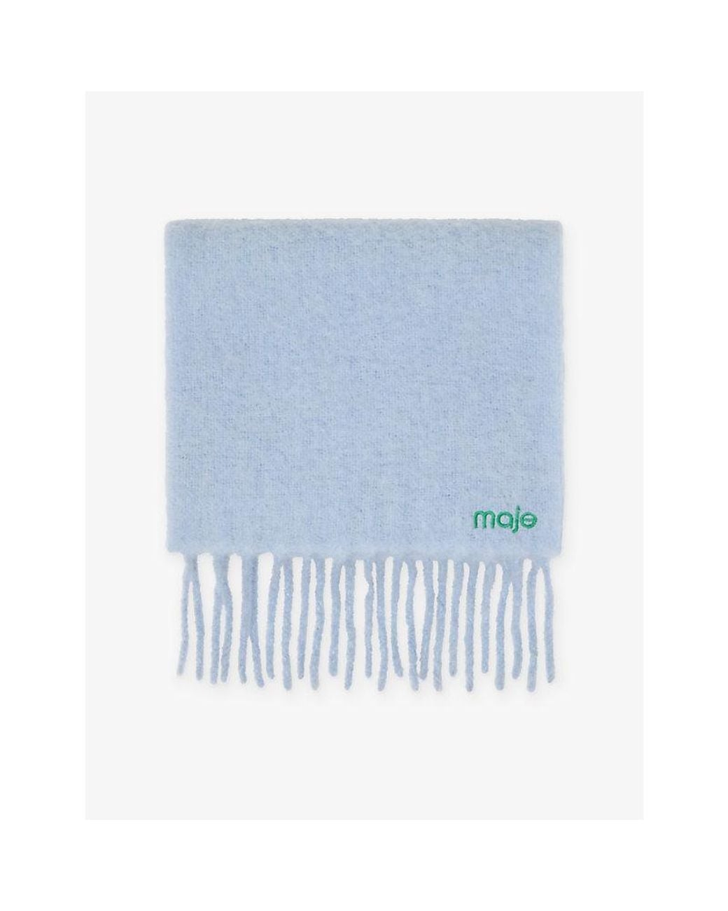Maje Blue Fringed Logo-Embroidered Wool And Alpaca Scarf