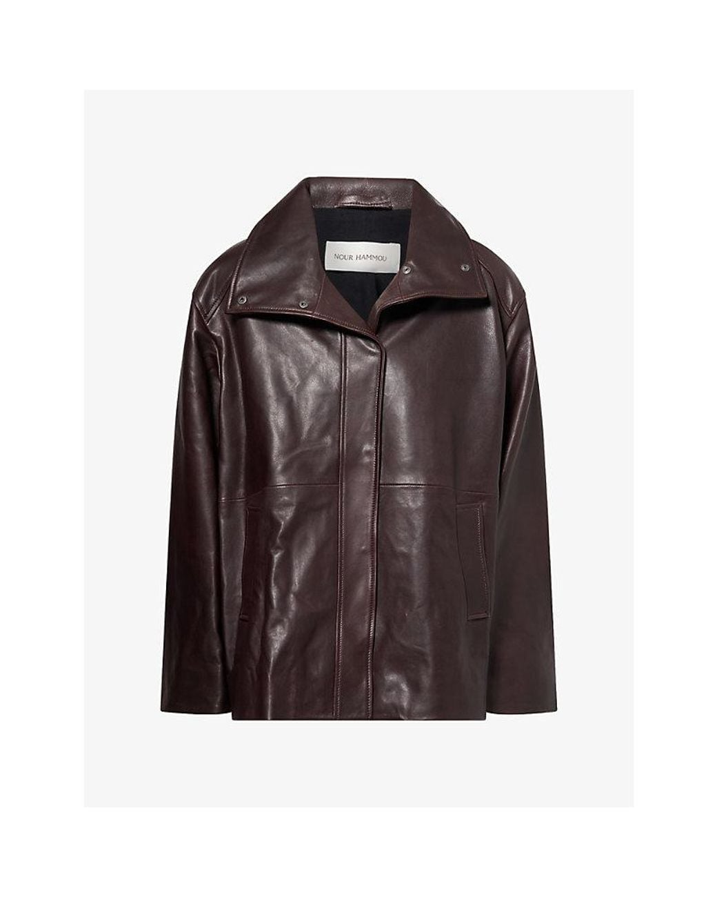 Nour Hammour Brown Lowen High-Neck Leather Jacket