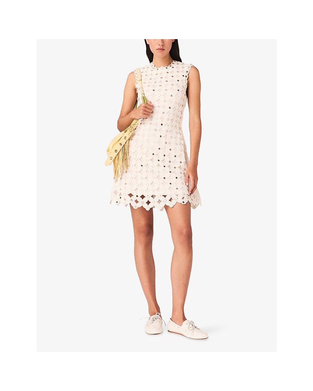 Maje White Sleeveless Sequin-Embellished Crochet Mini Dress
