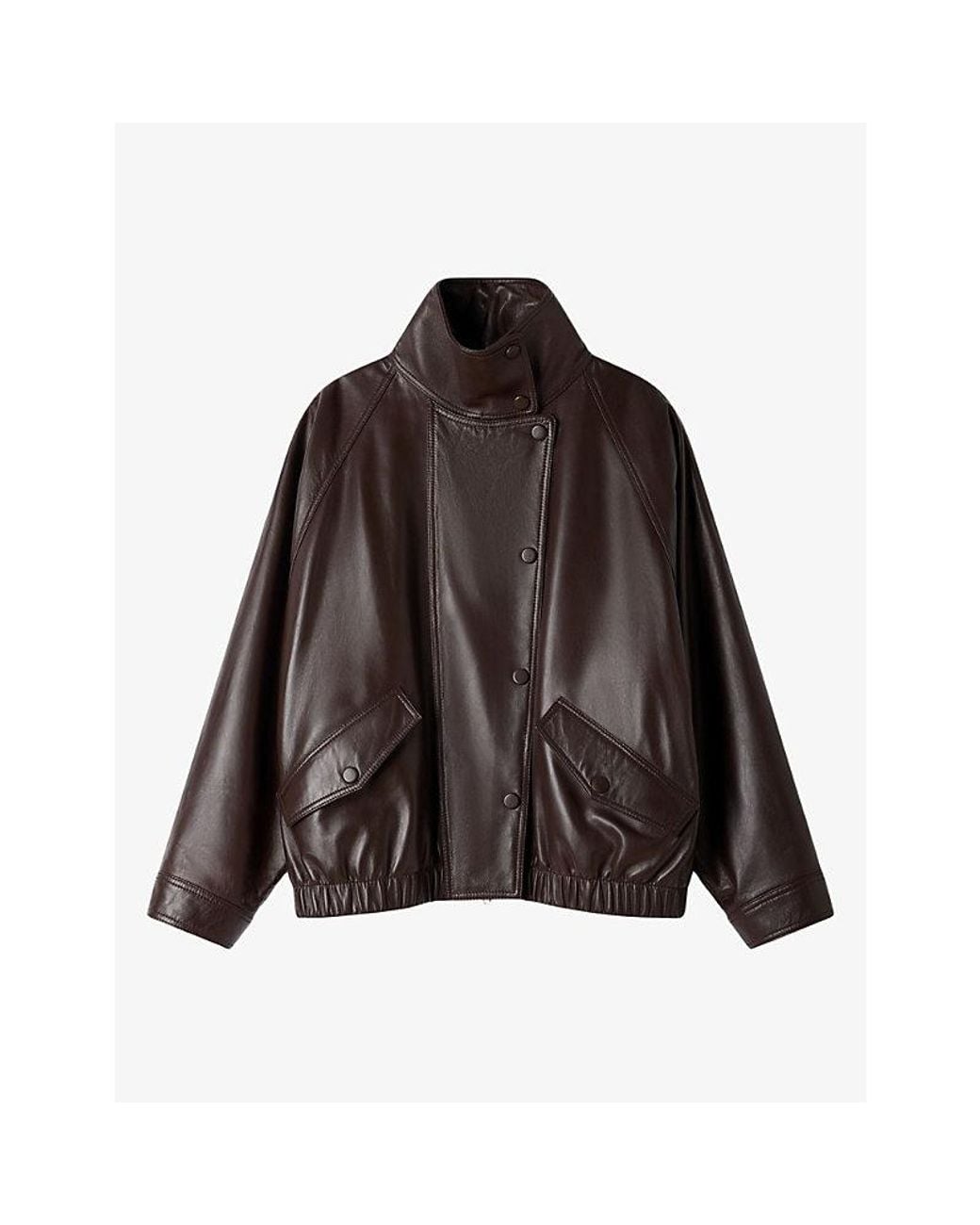 Sandro Brown Oversized Funnel-Neck Leather Jacket