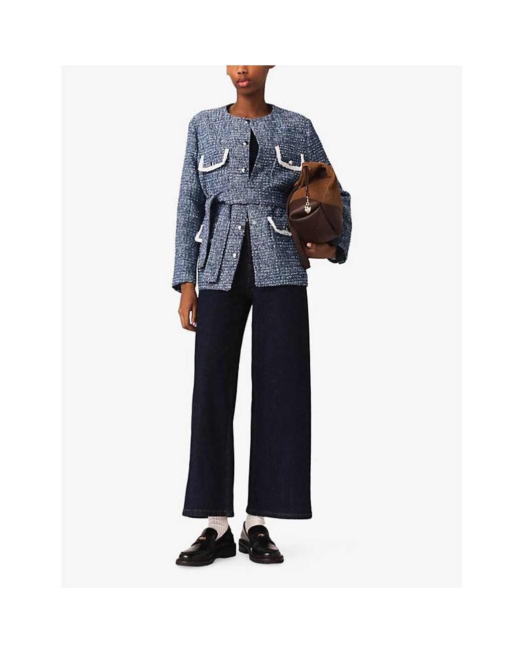 Maje Blue Four-Pocket Belted Tweed Jacket