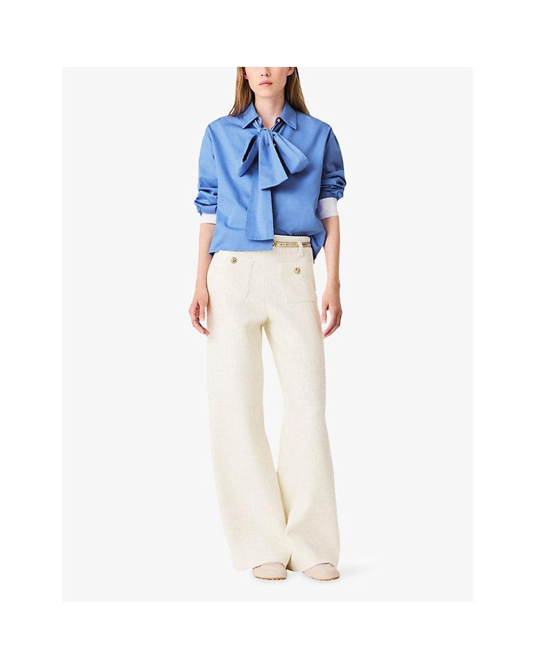 Maje White Straight-Leg High-Rise Tweed Cotton-Blend Trousers