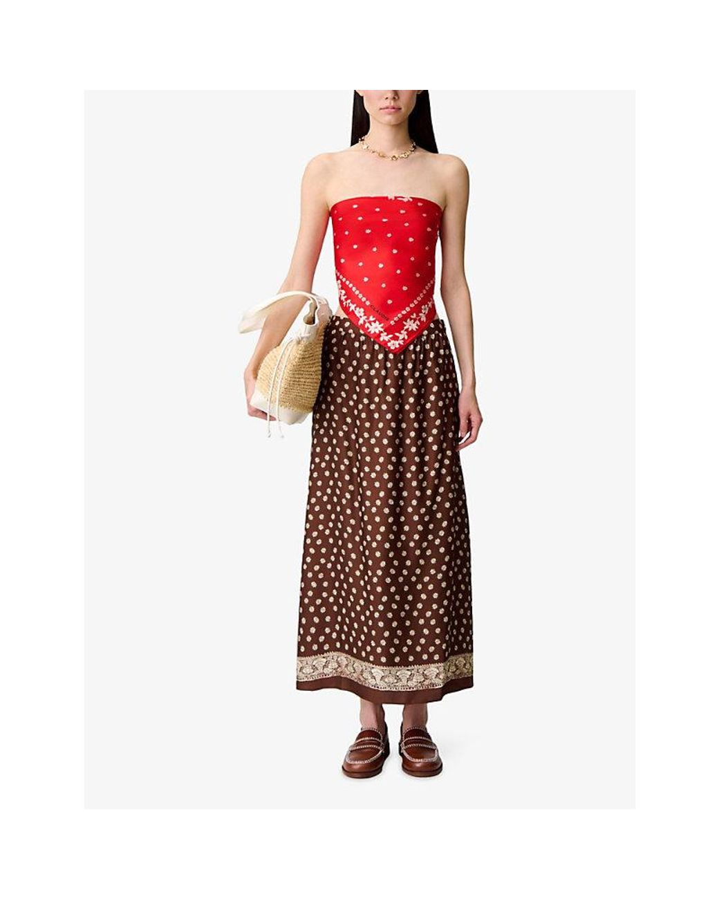 Claudie Pierlot Brown Flowy Graphic-Print Woven Maxi Skirt