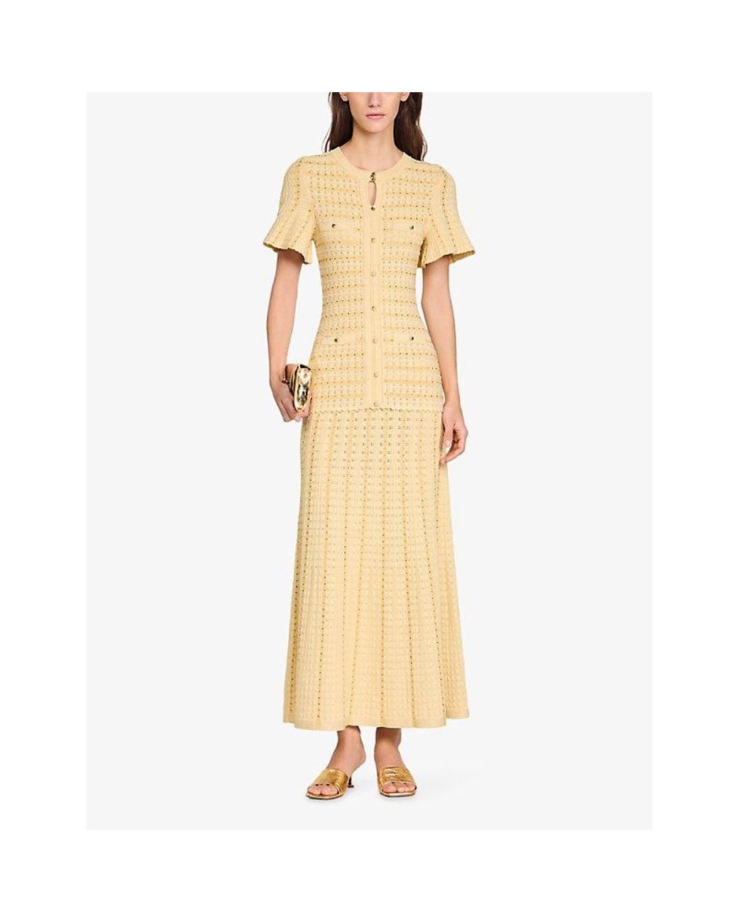 Sandro Metallic Rhinestone-Embellished Knitted Maxi Dress
