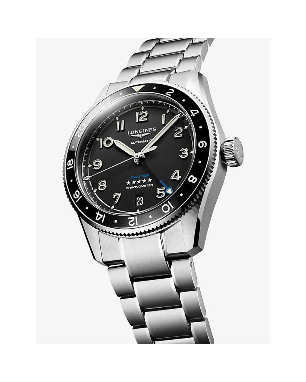 Longines Black L3.802.4.53.6 Spirit Zulu Time Ceramic Bezel Stainless-Steel Automatic Watch for men