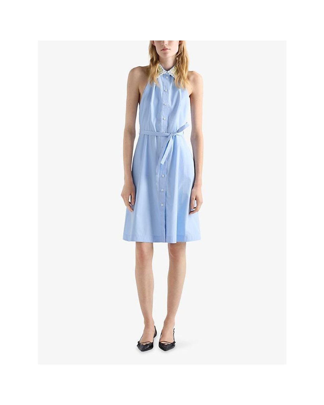 Prada Blue Embroidered-Collar Halter Cotton Poplin Shirt Dress