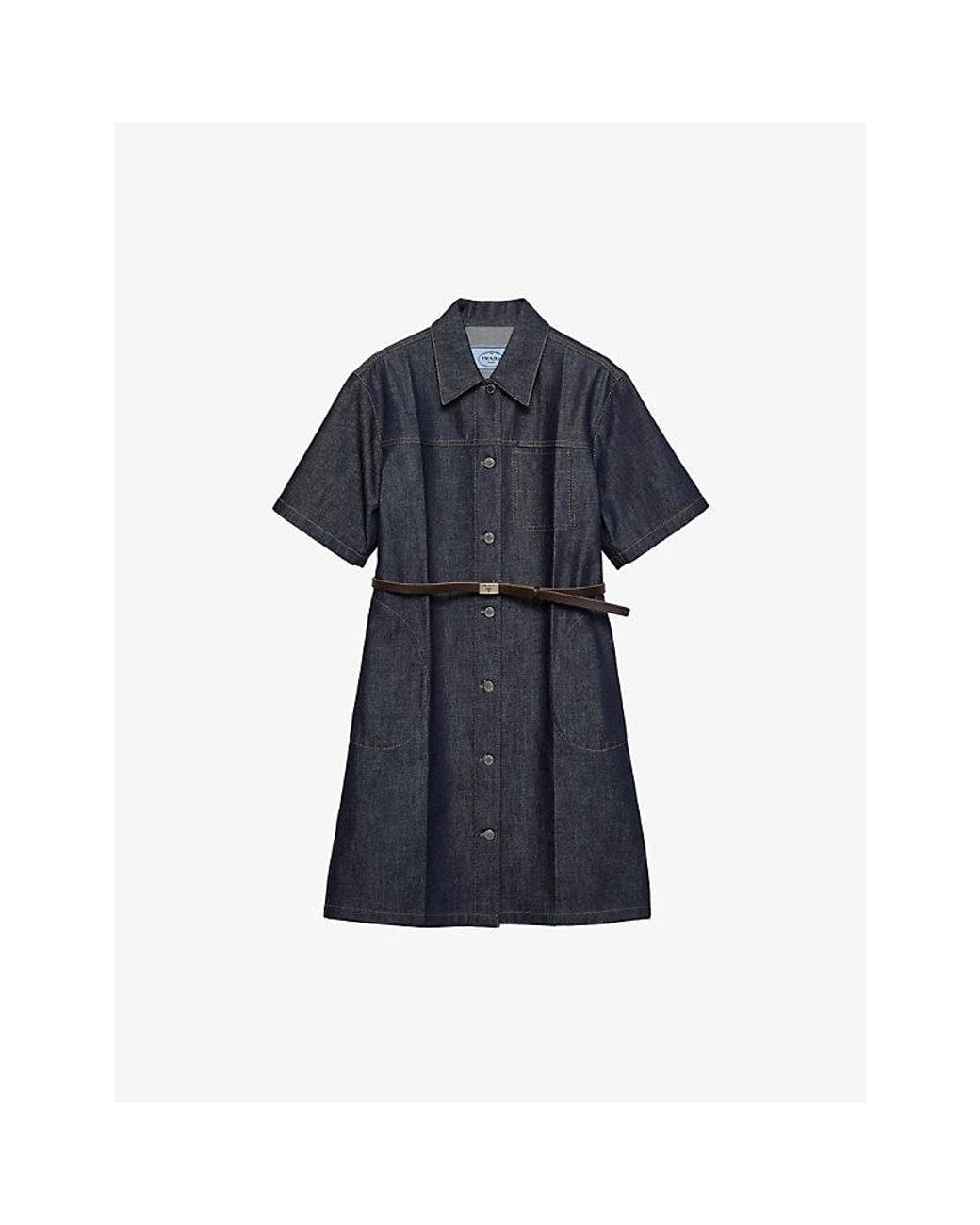 Prada Blue Short-Sleeve Belted Denim Mini Dress