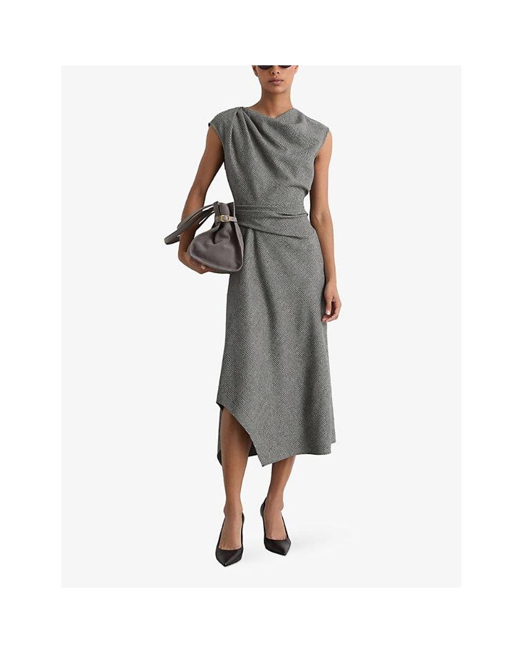 Reiss Gray Clara Cinched-Waist Wool-Blend Midi Dress