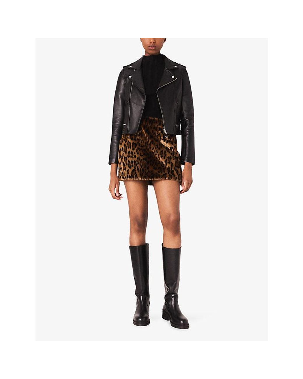Maje Black Basal Zip-Detail Leather Biker Jacket
