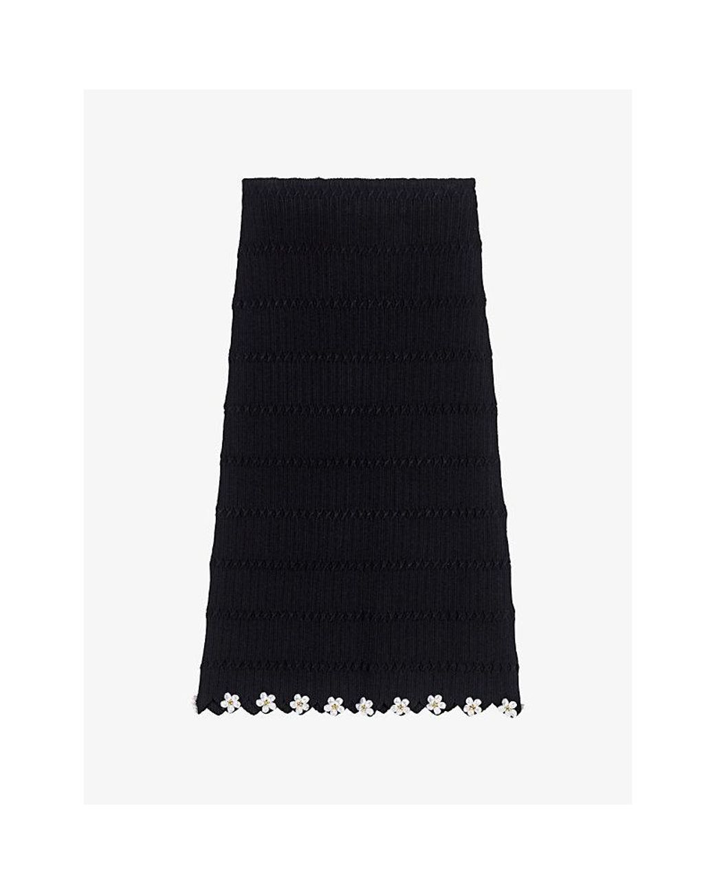 Maje Black Jewelled-Flower Scalloped-Edge Knitted Midi Skirt