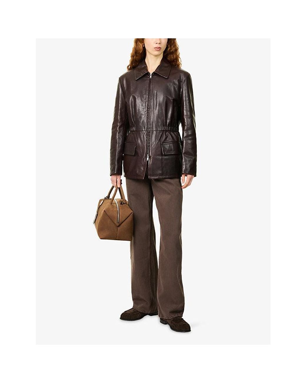 Weekend by Maxmara Brown Drawstring-Waist Leather Jacket