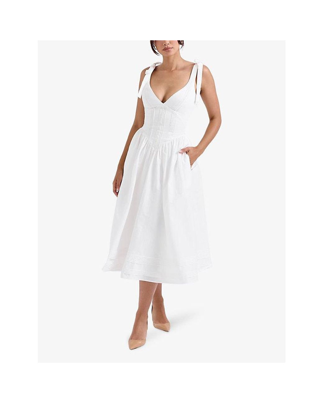House Of Cb B Hattie Pintucked Stretch Cotton Blend Midi Dress in White Lyst UK