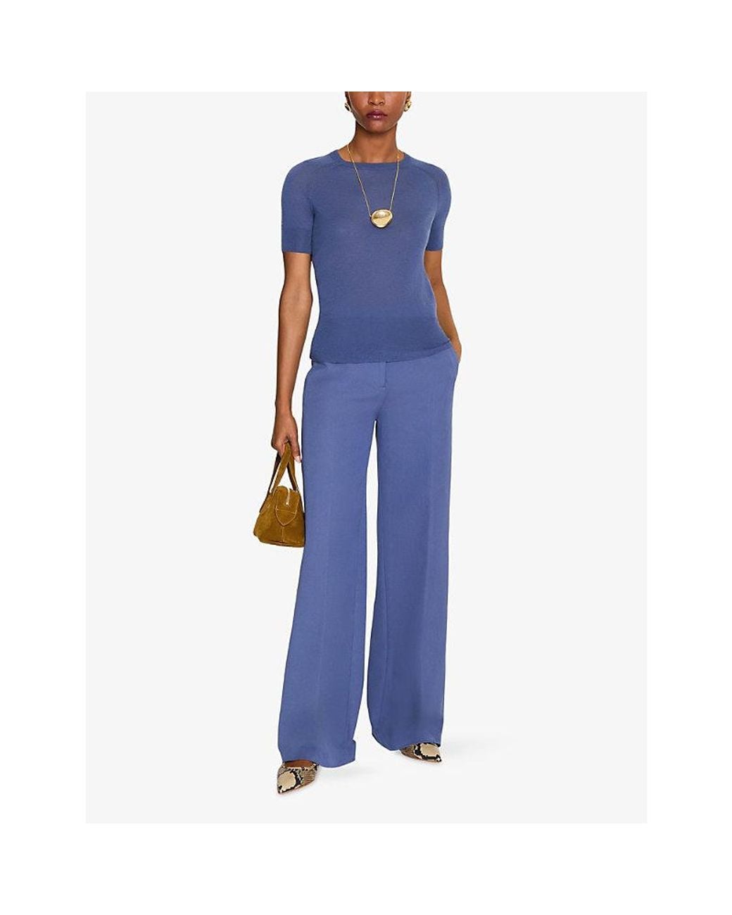 Joseph Blue Poena Round-Neck Short-Sleeve Cashmere Top