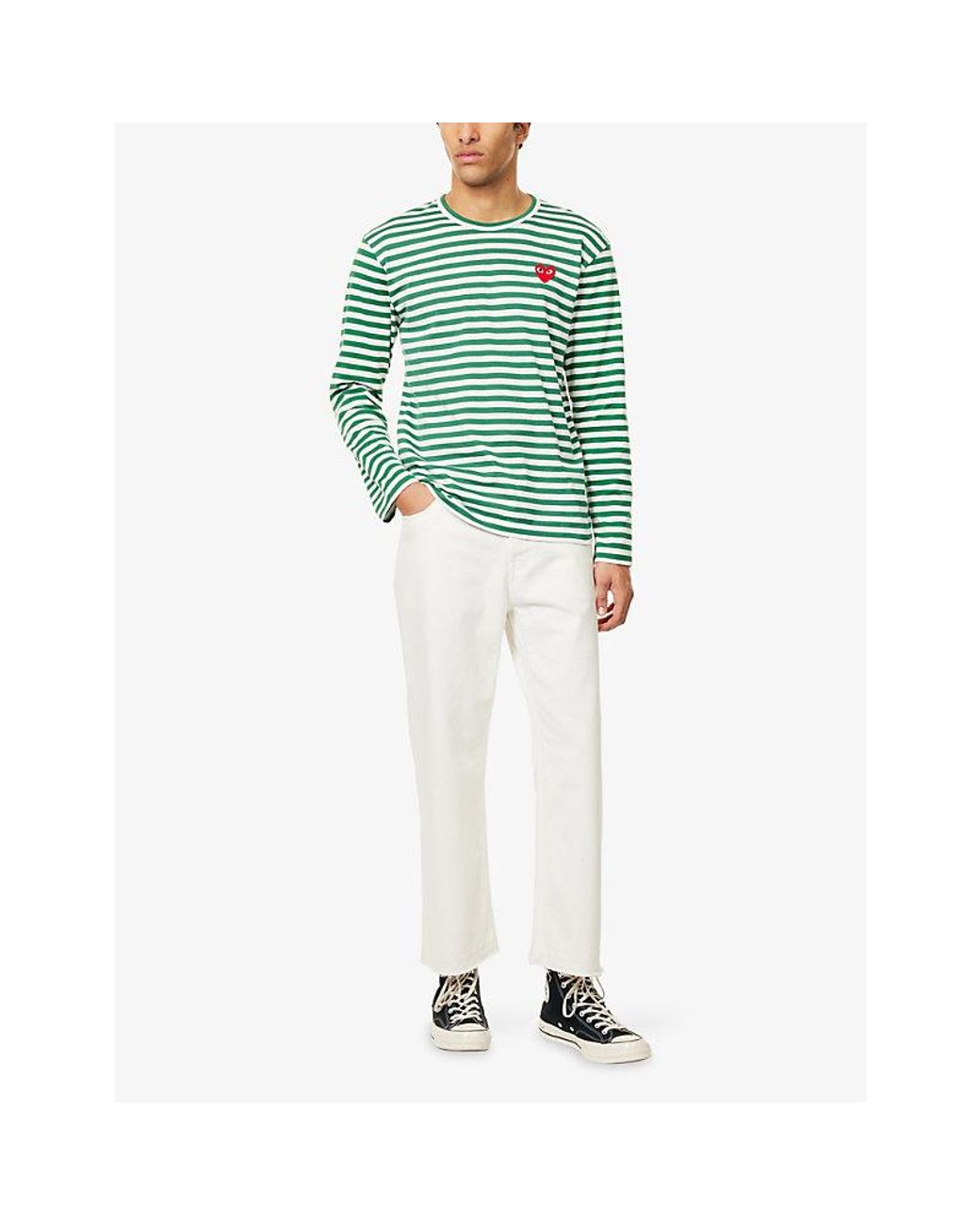 COMME DES GARÇONS PLAY Green Striped Crewneck Cotton-Jersey T-Shirt for men