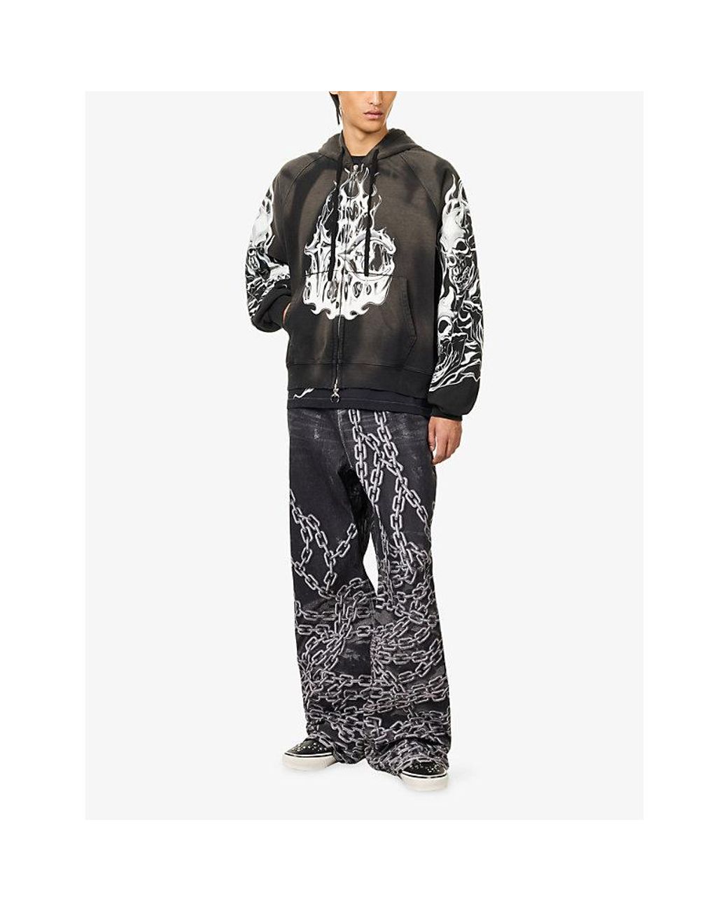 THUG CLUB Blue Shackle Chain-Print Denim Jeans for men