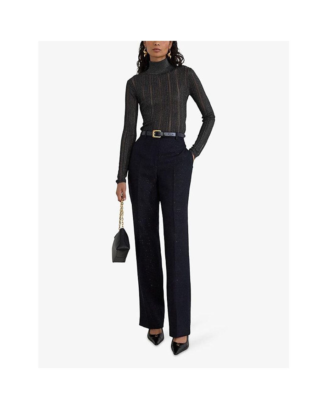 Reiss Black Sutton Metallic Roll-Neck Knitted Top