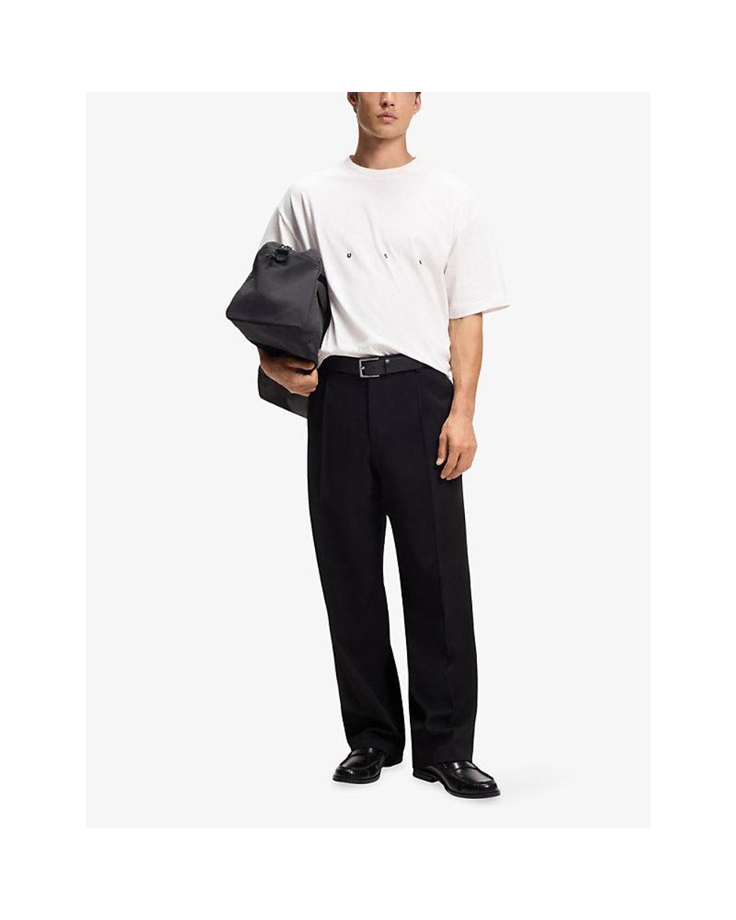 HUGO White Brand-Print Oversized-Fit Cotton-Jersey T-Shirt for men